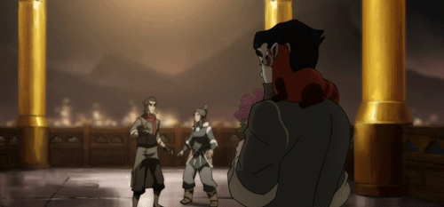 I wanted to find a gif of the scene with Bolin angrily points and goes "ARE YOU TWO DATING?" but then I was like "oh, right, THIS happened!"